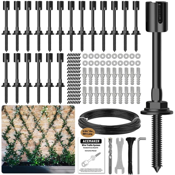 20-Set Black 5/64 Inch Wire Trellis Kit for Climbing Plants with 98-Foot Vinyl-Coated Cable