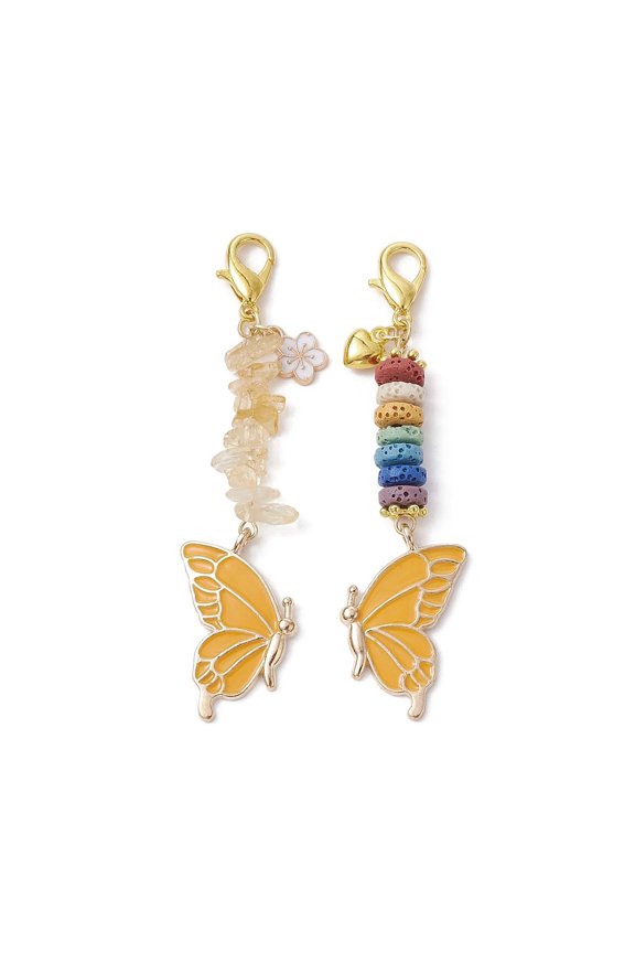 20 Set Butterfly Alloy Enamel Pendants Decoraiton Natural Citrine Chip & Lava Rock Beads and Lobster Claw Clasps Charm Gold 81~83mm 2pcs/set
