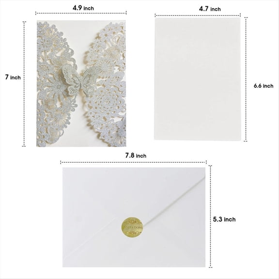 20 Set Butterfly Invitation Cards Lace Wedding Invitations with Envelopes(Silver Glitter)