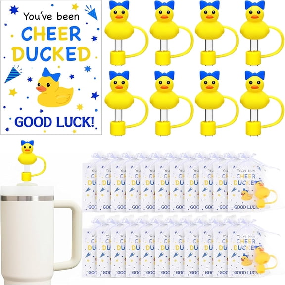 20 Set Cheer Team Gifts Bulk 10 mm Cheerleading Ducks Straw Toppers Cover Caps with You've Been Ducked Tag Tumbler Accessories for Inspirational Gift(Blue)
