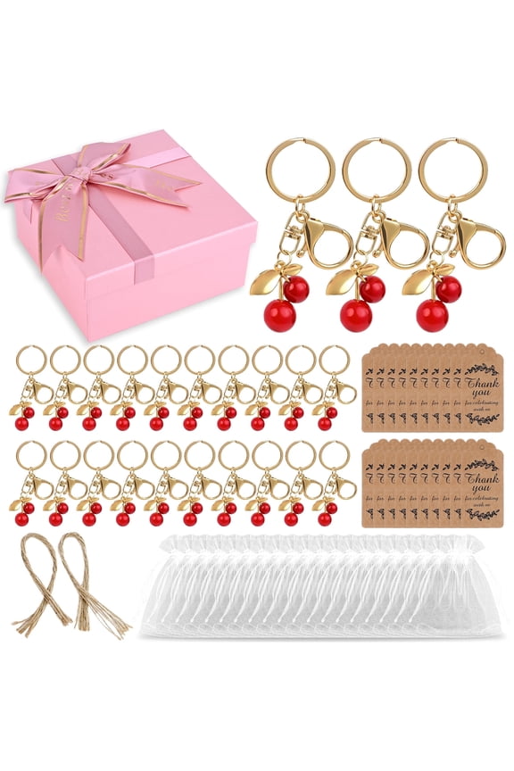 20 Set Cherry Keychain Party Favors Gift Set with Organza Bags, Thank You Cards, Jute String in Gift Box Packaging for Guests Women Baby Shower Wedding Baptism Accessories Souvenir