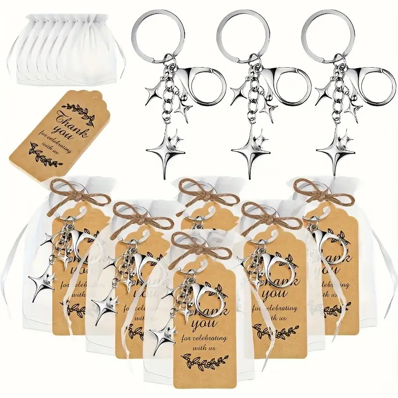 20 Set Christmas & New Year Party Favor Set, Silver Star Keychains with Thank You Tags & Organza Bags, Charm Aesthetic, Holiday Guest Souvenir & Gifts for Baptism, Wedding, Birthday Party, Guest Gift