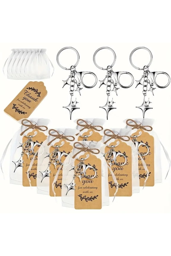 20 Set Christmas & New Year Party Favor Set, Silver Star Keychains with Thank You Tags & Organza Bags, Charm Aesthetic, Holiday Guest Souvenir & Gifts for Baptism, Wedding, Birthday Party, Guest Gift
