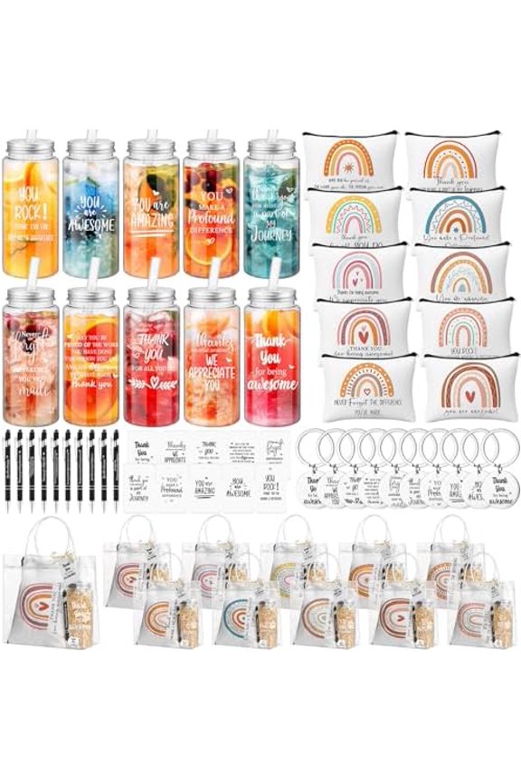 20 Set Employee Appreciation Gifts Bulk 13.5 oz Reusable Plastic Cups with Lids Straws Makeup Bags Keychains Pens Thank You Cards and PVC Gift Bags for Team Staff Coworker Teacher