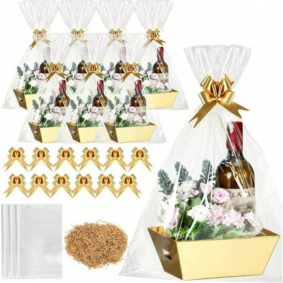 20 Set Empty Gift Baskets For Gifts Wrapping Kraft Basket With Cellophane Wrap Bows Clear Bags Raffia For Wedding Birthday Graduation Christmas Mother Day Party Gold Basket Gold Bow