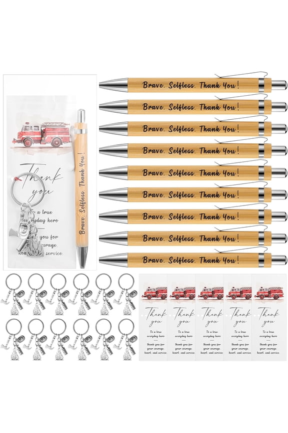 20 Set Firefighter Appreciation Gifts Bulk Fireman Keychains Bamboo Ballpoint Pens Thank You Cards for Women Men Fire Fighters Christmas Birthday Retirement Gifts