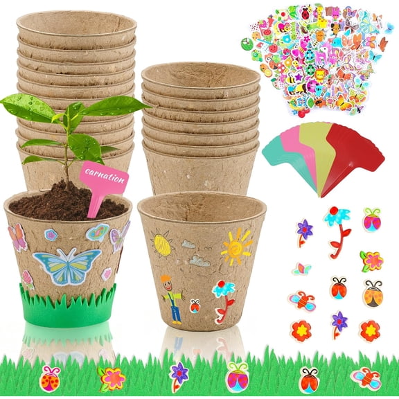 20 Set Garden Paper Pot Craft Kit,20Pcs Round Paper Mache Pots Peat Plant Pots with 200pcs Adhesive Foam Stickers & 20Pcs Pots Labels,Flower Plant Spring Craft for DIY Flower Planting