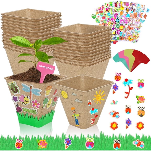 20 Set Garden Paper Pot Craft Kit,20Pcs Square Paper Mache Pots Peat Plant Pots with 200pcs Adhesive Foam Stickers & 20Pcs Pots Labels,Flower Plant Spring Craft for DIY Flower Planting