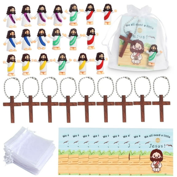 20 Set Little Jesus Cross Figurines Set Jesus Love You Mini Rubber Toys Includes 20pcs Organza Bag and Gift Cards Perfect for Kids Sunday School Baptism Gifts Party Favor
