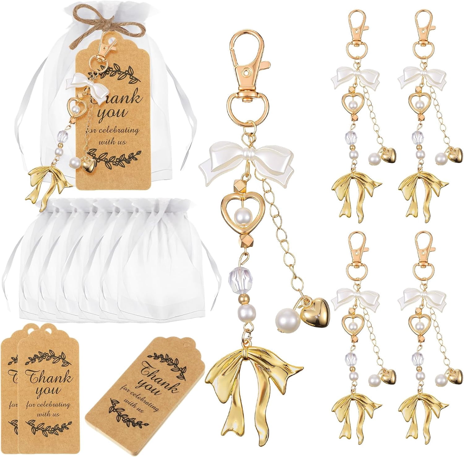 20 Set Pearl Bow Keychain Party Favor Bulk Mother's Day Keyring Charm Accessories Present Kraft Tag Organza Bag for Guest Baptism Bridal Shower Graduation Wedding Party Gift(Gold, Novel Bow)