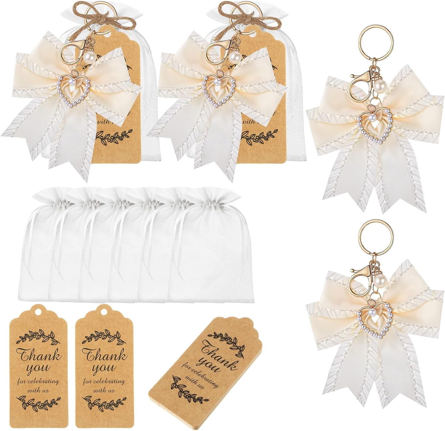20 Set Pearl Bow Keychain Party Favor Bulk Steel Keyring Charm Accessories Souvenir Present Kraft Tag Organza Bag for Guest Baptism Bridal Shower Valentine Coquette Wedding Gift(White)