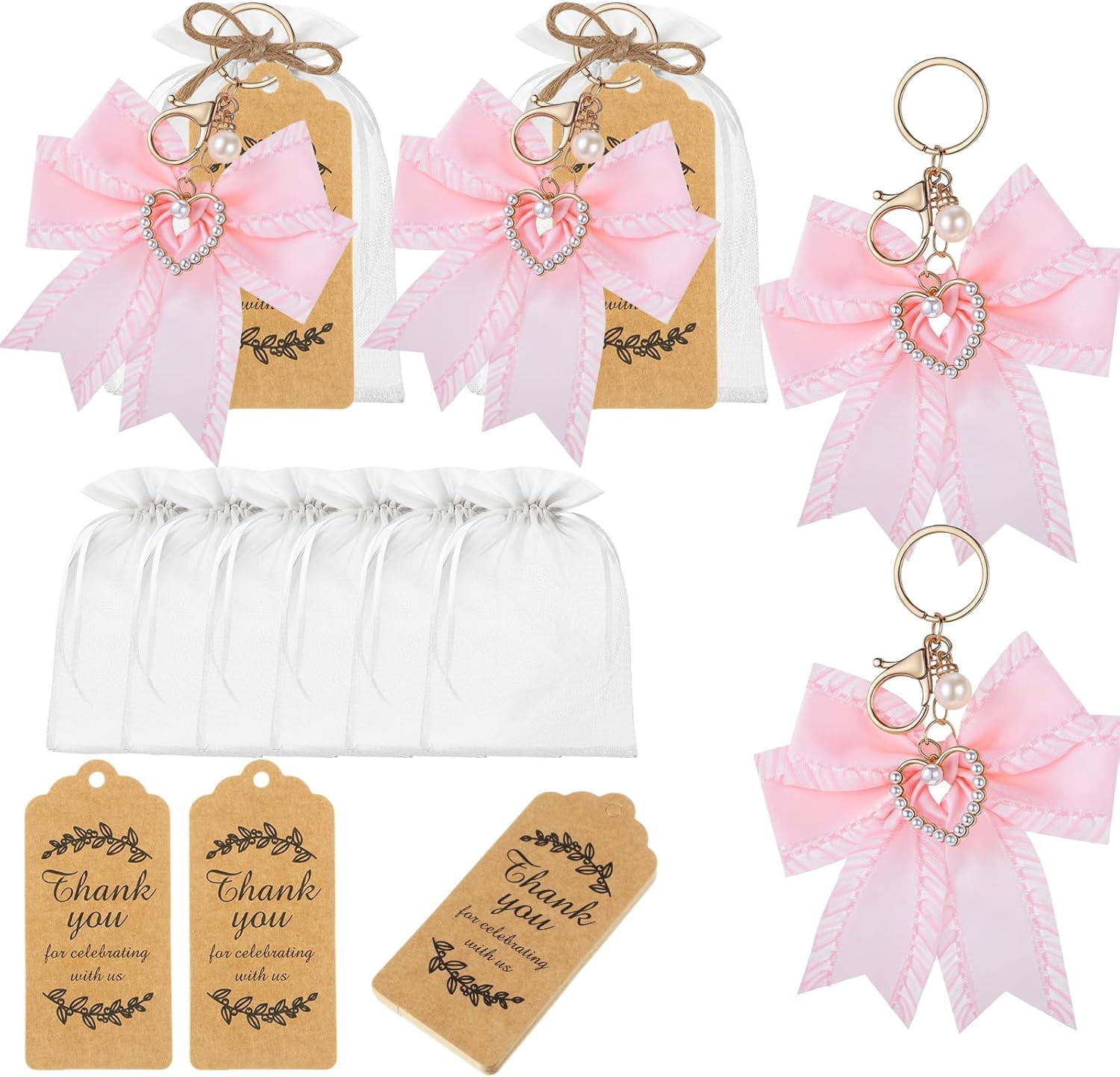 20 Set Pearl Bow Keychain Party Favor Bulk Steel Keyring Charm Accessories Souvenir Present Kraft Tag Organza Bag for Guest Baptism Bridal Shower Valentine Coquette Wedding Gift(Pink)