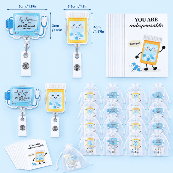 20-Set Pharmacist Badge Holder Gift Kit with Thank You Cards & Organza Bags, Retractable ID Holders for Pharmacy Week & Medical Staff