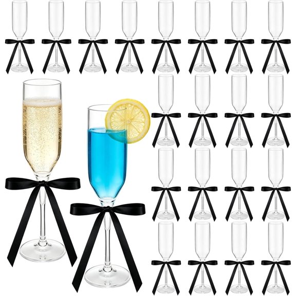 20 Set Plastic Champagne Flutes with Satin Ribbon Bow, 5 oz Clear Disposable  Glasses Plastic Champagne Ribbed Glasses Bulk Stackable  Cups for Wedding Birthday Party Bar(9 Inches)