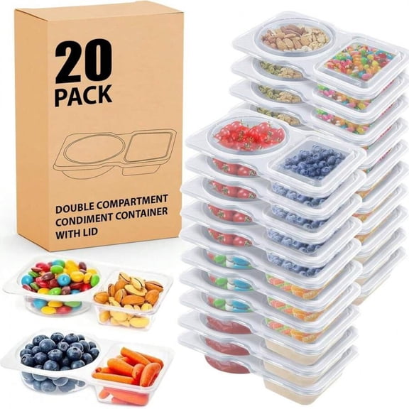 20 Set Reusable Snack Containers, 2-Compartment Dipping Containers With Lid For Refrigeration, Portion Control, Outdoor Takeaway Sauce Dip Case