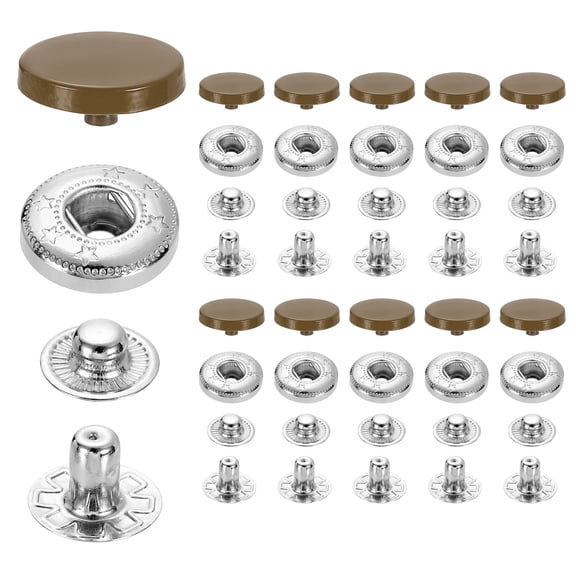20 Set Snap Fasteners, 15mm #831 Zinc Alloy Press Studs Buttons, Coffee