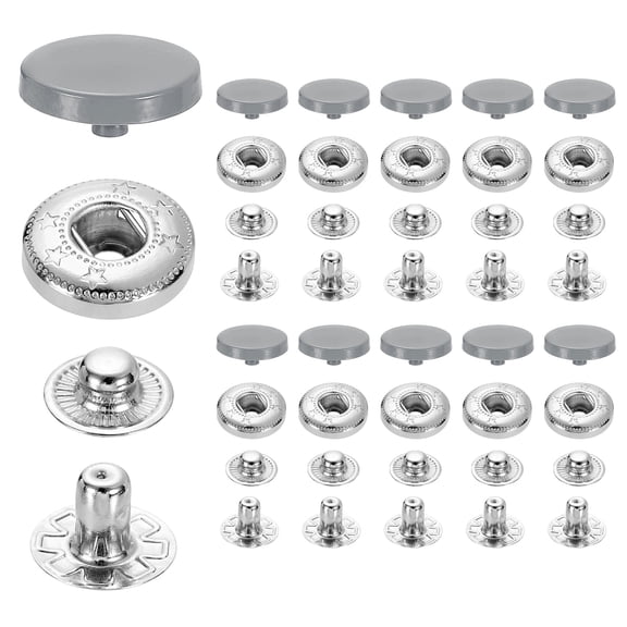 20 Set Snap Fasteners, 15mm #831 Zinc Alloy Press Studs Buttons, Light Gray
