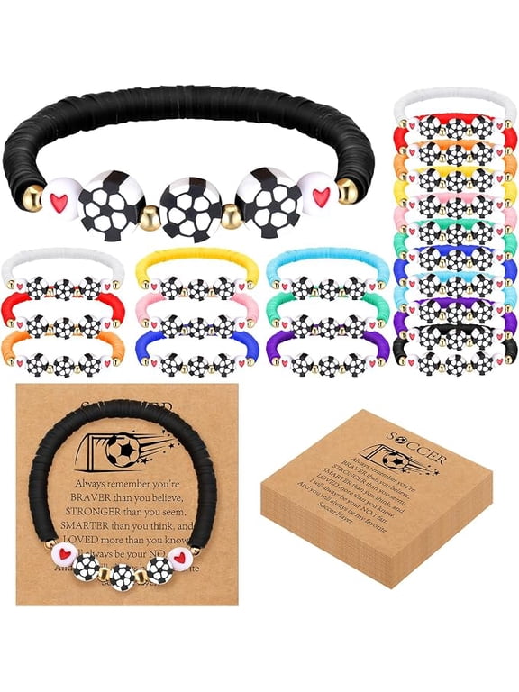 20 Set Soccer Party Favor Bracelets Adjustable Sport Bead Ball Charm Bracelets with Inspirational Cards