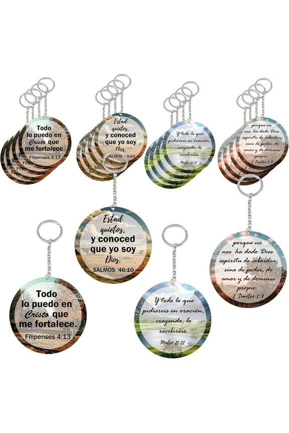20 Set Spanish Bible Verses Keychain Hanging Card 2 inch Landscape Key Fobs Hanging Key Rings Books of The Bible Christian