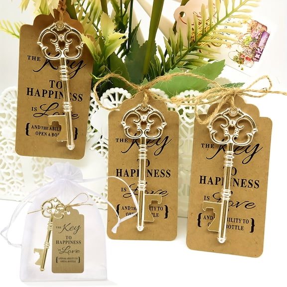 20 Set Vintage Key Party Favor Set with Organza Bags, Label Cards and Jute Rope, Retro Gold Key Bottle Opener Souvenirs for Weddings, Bridal Events and Celebration Parties