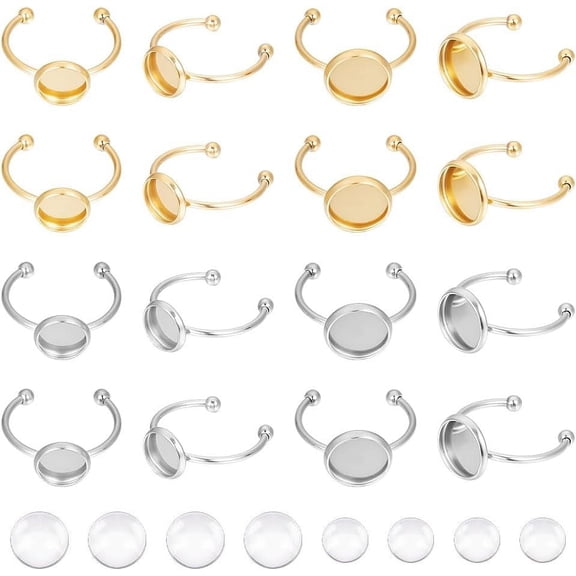 20 Sets 2 Sizes 2 Colors DIY Blank Dome Cuff Ring Making Kit Golden Ring Blanks Adjustable Ring Blank Base with Cabochons Stainless Steel Ring Settings for Jewelry Making