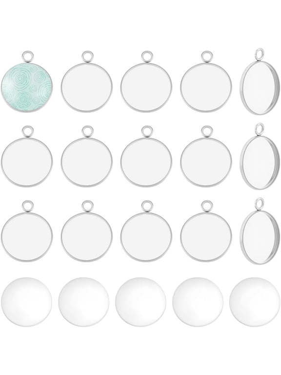 20 Sets 20mm Stainless Steel Pendant Cabochon Settings Flat Round Blank Bezel Pendant Trays Pendants Making Kits and Clear Glass Cabochon for Necklace Craft Jewelry Making DIY
