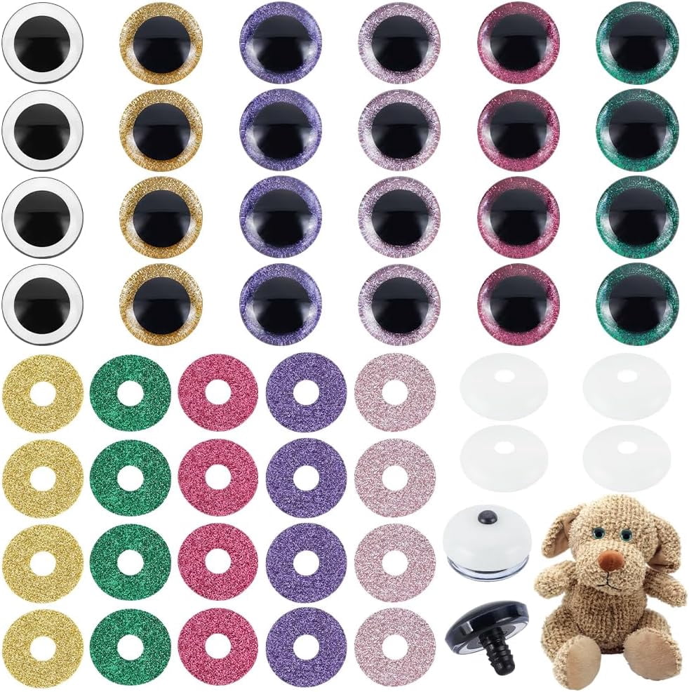 20 Sets 3D Glitter Plastic Safety Eyes for Amigurumi 39.5mm Craft Eyes with Washers Stuffed Animal Eyes for DIY Puppet Bear Crochet Animals Making Decoration(5 Colors) Mixed Color