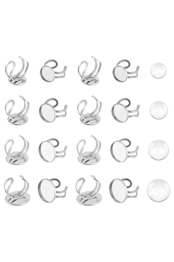 20 Sets 4 Sizes Round Cabochon Ring Blank Rings Stainless Steel Ring Settings Base Ring Open Cuff Finger Rings with 20pcs Glass Cabochons Base Bezel