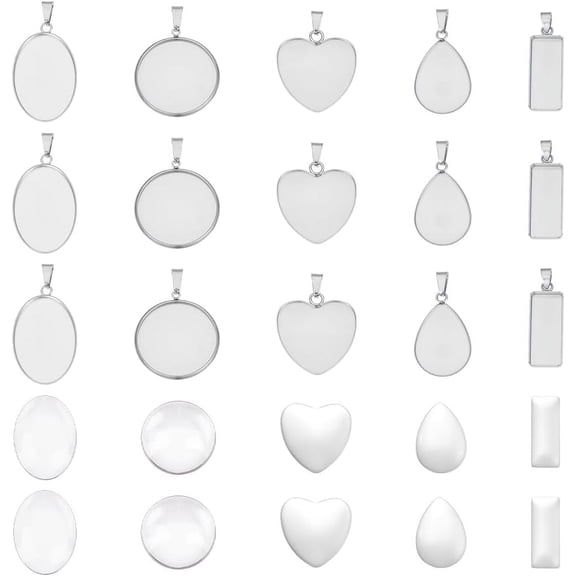 20 Sets 5Styles Cabochon Pendant Settings Stainless Steel DIY Blank Bezel Pendant Making Kit Heart Oval Teardrop Rectangle Base Cabochon Charm with Glass Cabochons for Jewelry Making DIY