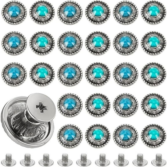 20 Sets Alloy Engraving Decorative Buttons 2 Colors Metal Screw Back Button Retro Leather Screw Rivets Vintage Imitation Turquoise Round Shape Decorative Buckle DIY