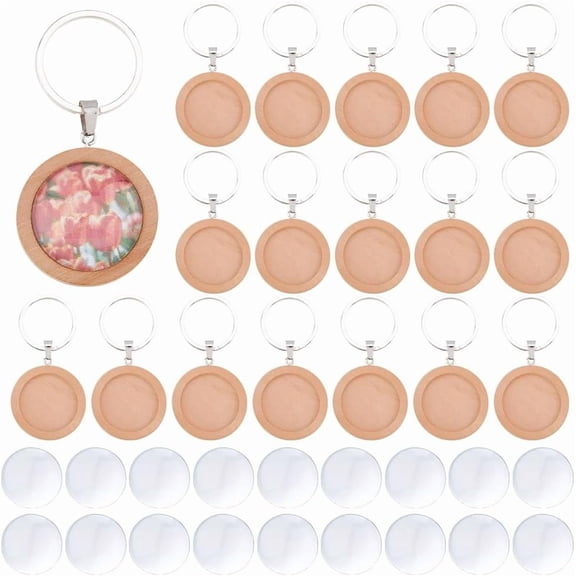 20 Sets Cabochon Keychain Blanks Wood Keychain Pendant Tray 25mm Tan Wood DIY Keyring Making Kit with Glass Cabochons for Photo Personalized Key Chain Making Brown