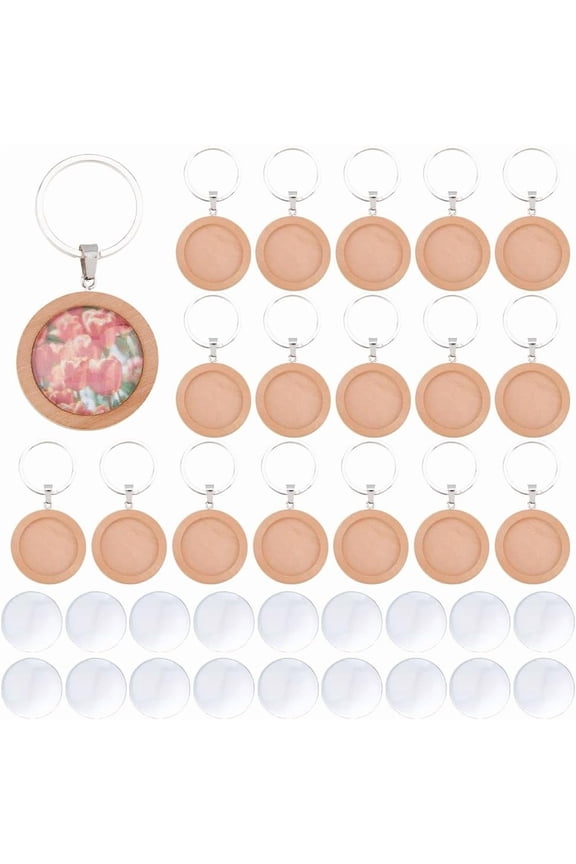 20 Sets Cabochon Keychain Blanks Wood Keychain Pendant Tray 25mm Tan Wood DIY Keyring Making Kit with Glass Cabochons for Photo Personalized Key Chain Making Brown