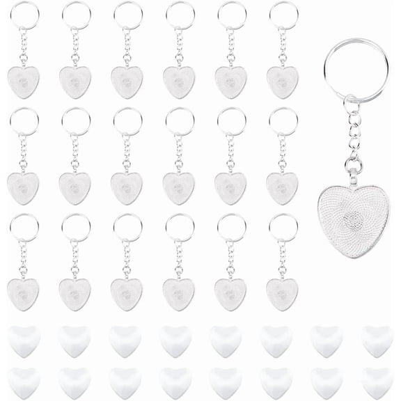 20 Sets Cabochon Keychain Kit Silver Blanks Bezel Trays Charm Alloy Heart Shaped Pendant Trays with 20Pcs Heart Glass Cabochons Love Keychains