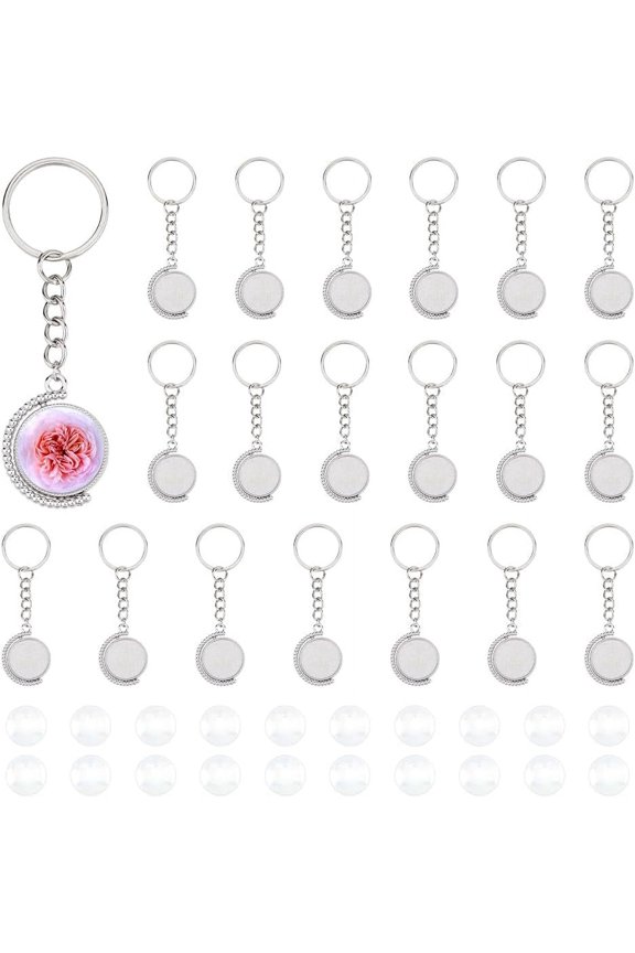 20 Sets Cabochon Keychain Kit Silver Double-Sided Bezel Pendant Trays Blanks 8.4cm Alloy Keychains with 40Pcs Glass Cabochons for DIY Craft Jewelry Making