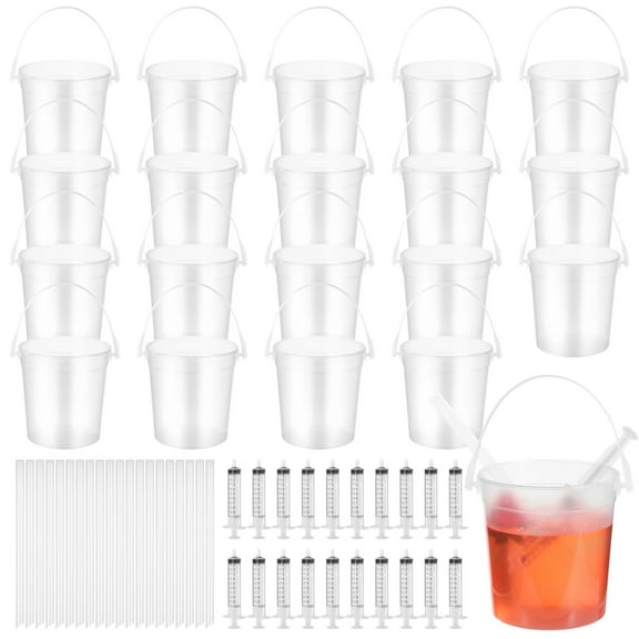 20 Sets Clear Rum Buckets, 32 oz Plastic Drink Buckets with Straws and Syringes, Food-safe & Reusable PP Cocktail Buckets, Food Storage Containers for Parties, Events, and Family Gatherings