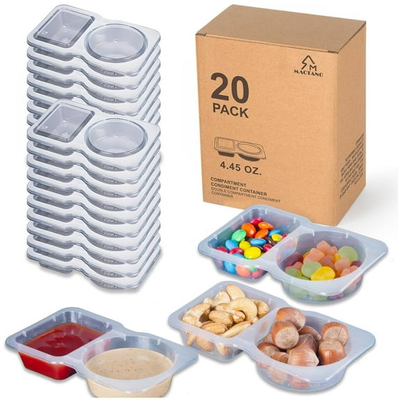 20 Set Reusable Snack Containers, 2-Compartment Dipping Containers with Lid for Refrigeration, Portion Control, Outdoor Takeaway Sauce Dip Case