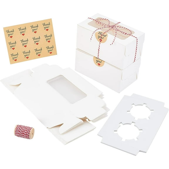 20 Sets Cupcake Box Set 6.26x3.54x2.99 White Bakery Boxes with 2 Inserted Holders and Window Food Grade Cupcake Containers with Stickers and Cords DIY