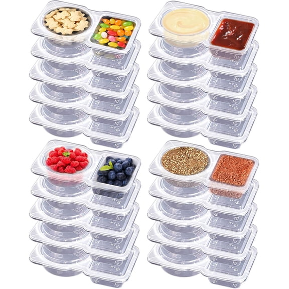20 Sets Double Compartment Condiment Containers with Lid, Reusable Snack Pack Container, Portion Control Container for Condiments or Dips, Sauce, Salad Dressing, Sampling, Travel Snack