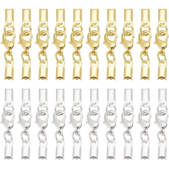 20 Sets Fold Over Cord End Caps Necklace Cord Ends Brass Lobster Claw Clasps Terminators End Tips Crimp Covers Clips for Ribbon Tassel Bracelet Necklace Jewelry Making Silver Golden diy Mixed Color