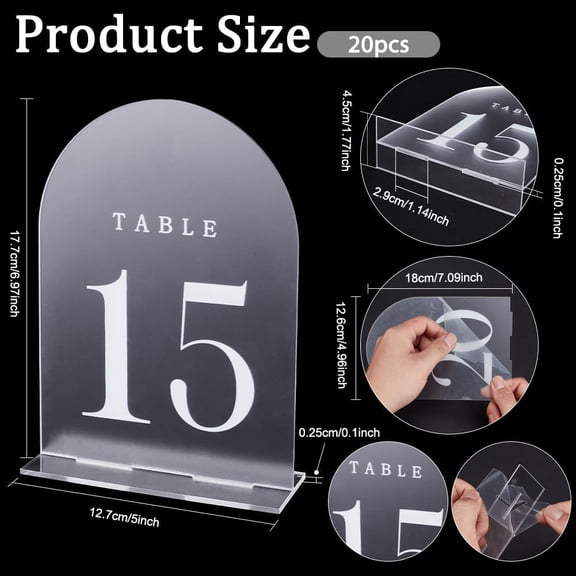20 Sets Frosted Table Numbers Wedding Table Number Signs Acrylic Table Numbers 1-20 Arch Acrylic Sign with Stand for Wedding Reception Event Party Restaurant Clear 7x5 inch