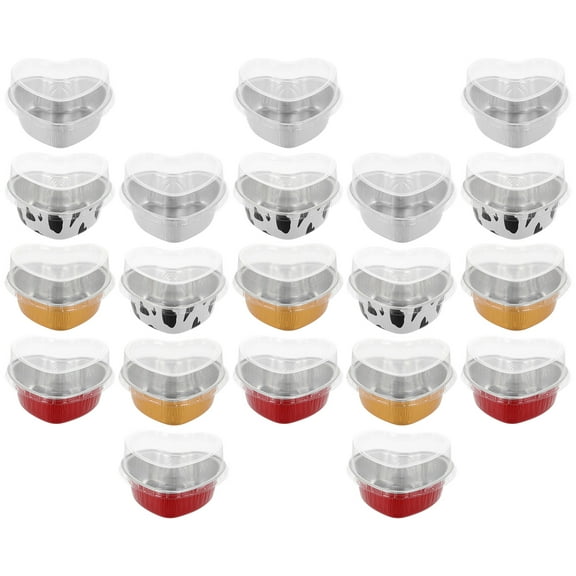 20 Sets Heart-Shaped Aluminum Foil Box Cake Pan Mini Pans Baking Bowl Ramekins with Lids