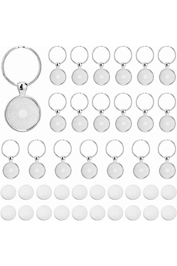 20 Sets Keychain Pendant Tray 20mm Platinum Alloy Cabochon Keychain Blanks with Keyring DIY Keyring Making kit for Photo Resin Personalized Crafting