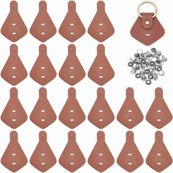 20 Sets Leather Key Fob Kit PU Leather Keychain Making Kits Blank Leather Clothing Labels Set Key Fobs with Rivet Pins Rivet Caps for Laser Engraving Keychain Making Brown DIY