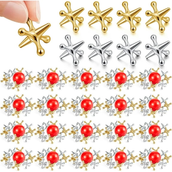 20 Sets Metal Jacks Game with Ball Bulk Christmas Include 200 Pcs Gold and Silver Jacks and 20 Pcs Red Rubber Balls Classic Jax Game Toys for Teens Adult Game Prizes