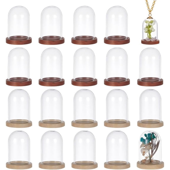 20 Sets Mini Eternal Flower Glass Dome Cloche Clear Glass Dome Cover with 2 Colors Wooden Base Decorative Bell Jar for Wedding Decor