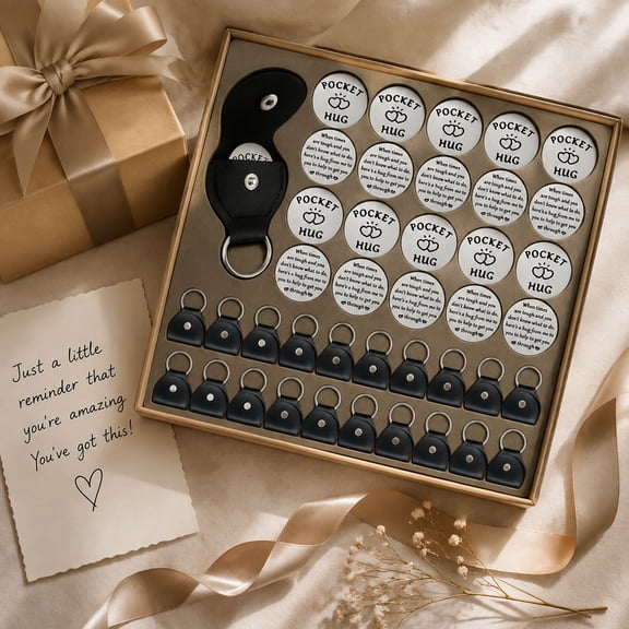 20 Sets Motivational Pocket Hug Tokens, Engraved Stainless Steel Keepsakes with PU Leather Keychains for Family Friends, Inspirational Encouragement Gifts for Holiday Care Packages