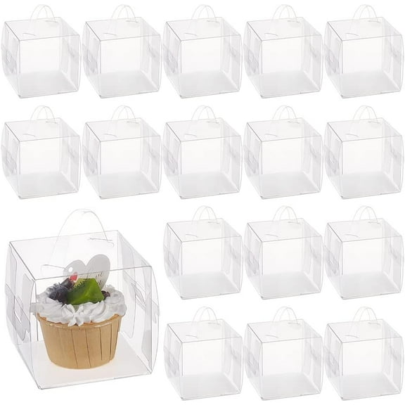 20 Sets PVC Transparent Gift Boxes with Handle and Paper 3.4x3.4x3.4 inch Clear Wedding Favour Boxes Cube Boxes for Cake Candy Chocolate Dessert