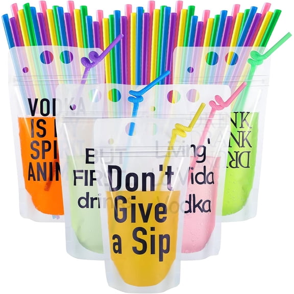 20 Sets Party Drink Pouches with Straws Plastic Juice Pouches for Adults with Reclosable Clear Zipper Energy Drink Bags Beverage Bags for Club Bachelorette Pool Party Favors