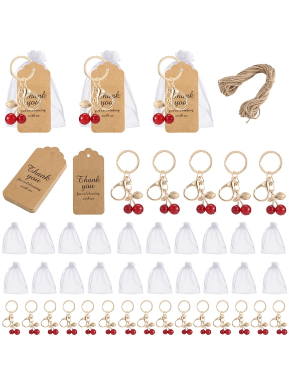 20 Sets Red Cherry Keychain Party Favor, Lovely Fruit Charm Keyring with Thank You Tag Organza Bag, Cherry Accessories Souvenir Present for Guest Shower Wedding Birthday Celebration Events