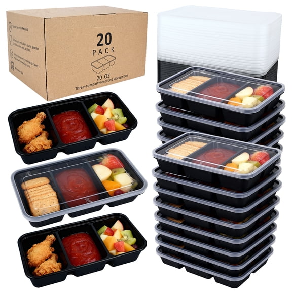 20 Sets Reusable Snack Containers Meal Prep Containers 3 Compartment Condiment Container With Lids Snackle Box Container Portion Control for Refrigeration Sauce,Outdoor Takeaway,Travel(Black)